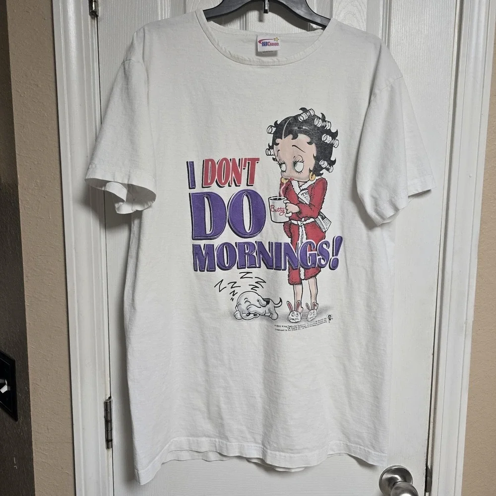 Vintage 2002 Betty Boop T-Shirt Mens Large I Don't Do Mornings! Coffee Dogs Y2K